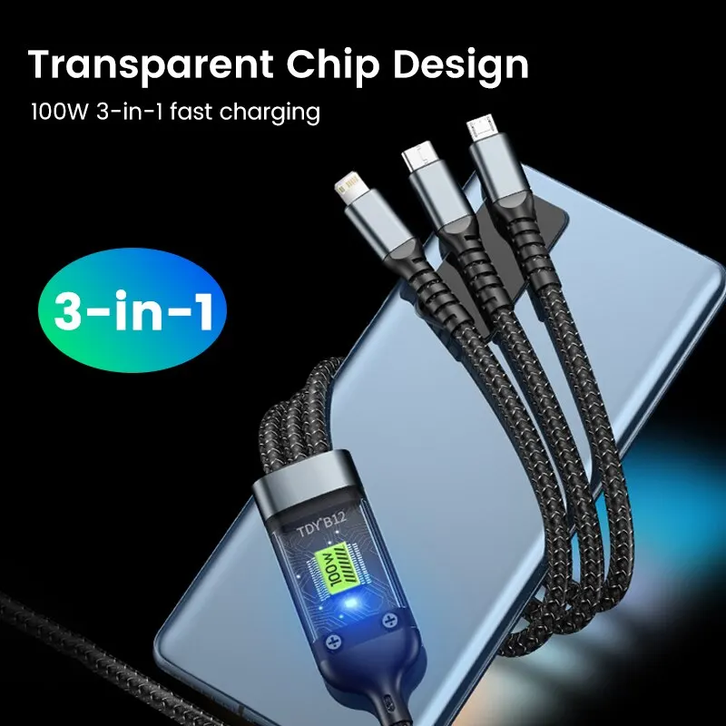 100W 3-in-1 Illuminated Fast Charging and Data Transfer Cable - Image 3