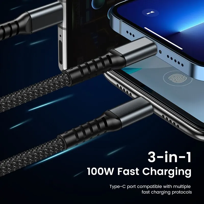 100W 3-in-1 Illuminated Fast Charging and Data Transfer Cable - Image 6