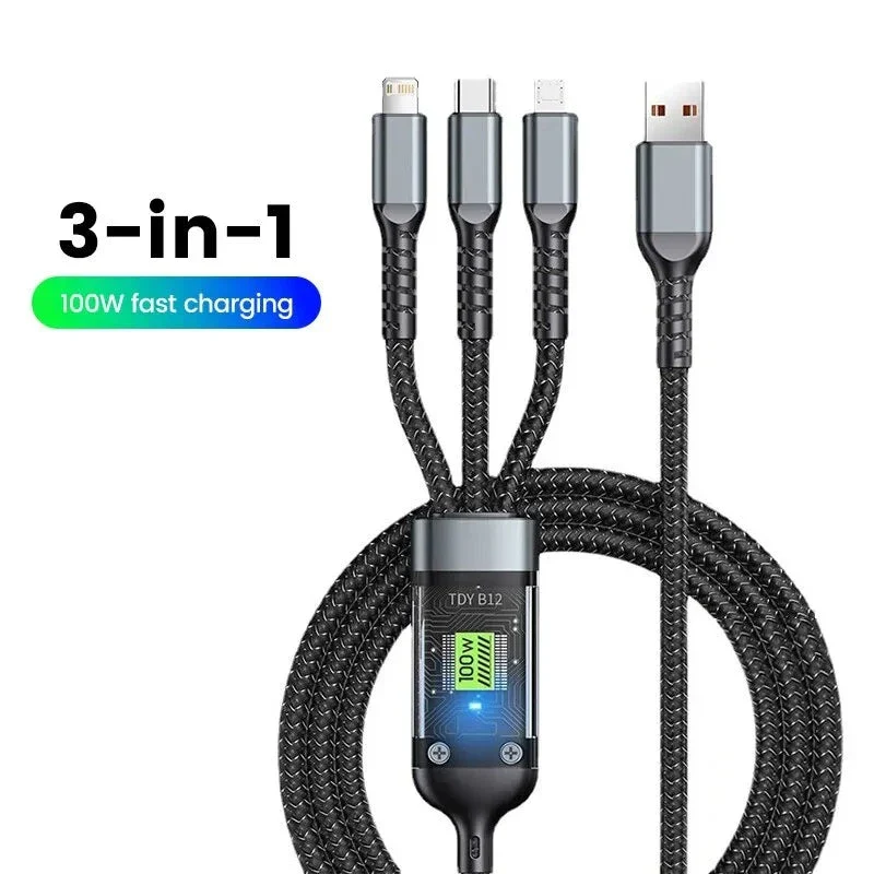 100W 3-in-1 Illuminated Fast Charging and Data Transfer Cable - Image 7