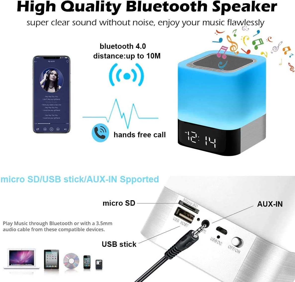 Portable Alarm Clock Bluetooth Speaker Touch Screen LED Light - Image 6