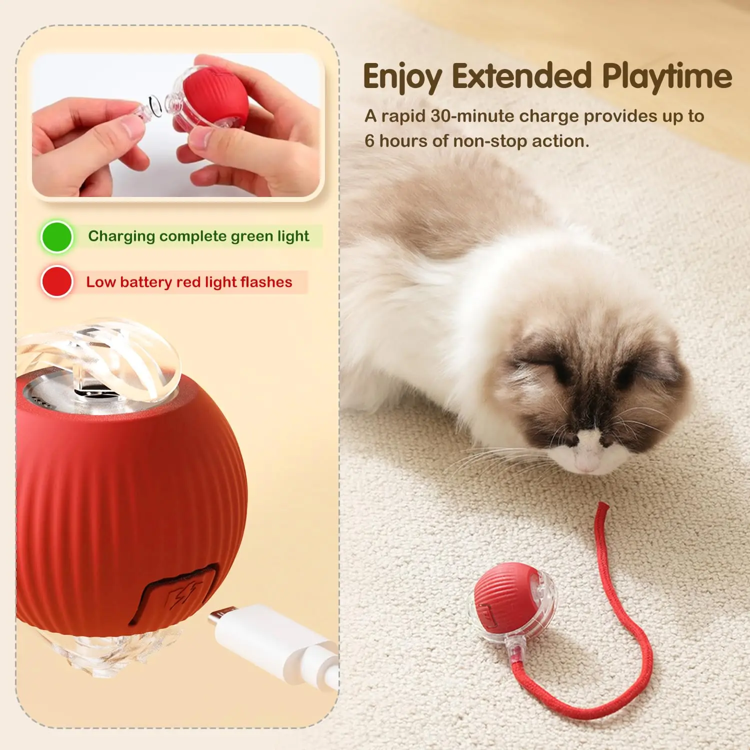 Cat Interactive Smart Ball Toy – Rechargeable Rolling Ball with Tail, Obstacle Avoidance & LED Modes - Image 6