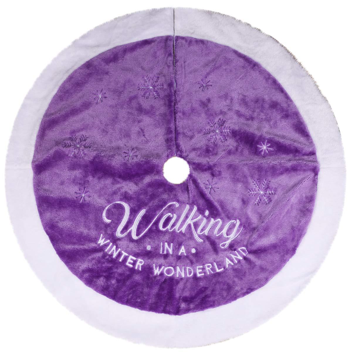 Christmas Tree Purple Coral Velvet Embroidered Letters Snowflake Tree Skirt - Image 3