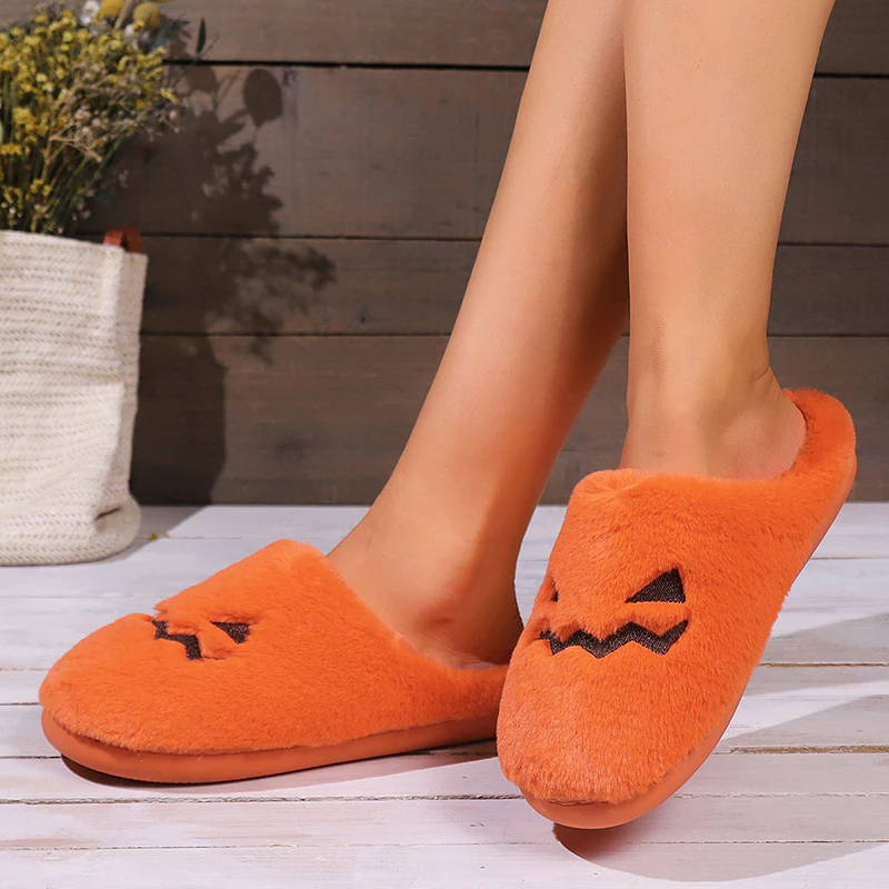 Cute Halloween Pumpkin Slippers Winter Warm Plush Bedroom Floor Home Slippers - Image 2