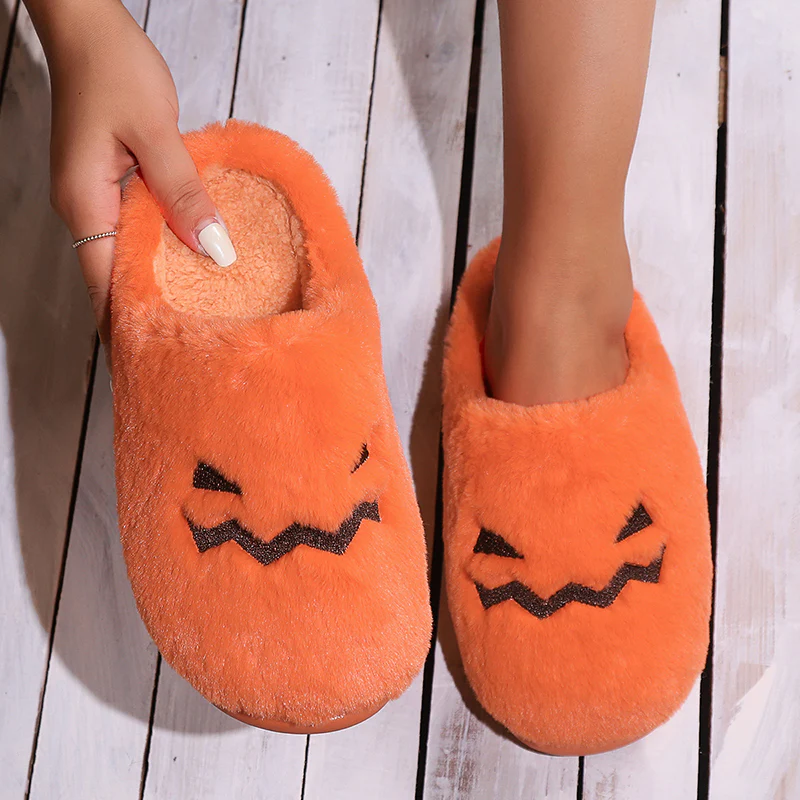 Cute Halloween Pumpkin Slippers Winter Warm Plush Bedroom Floor Home Slippers - Image 3