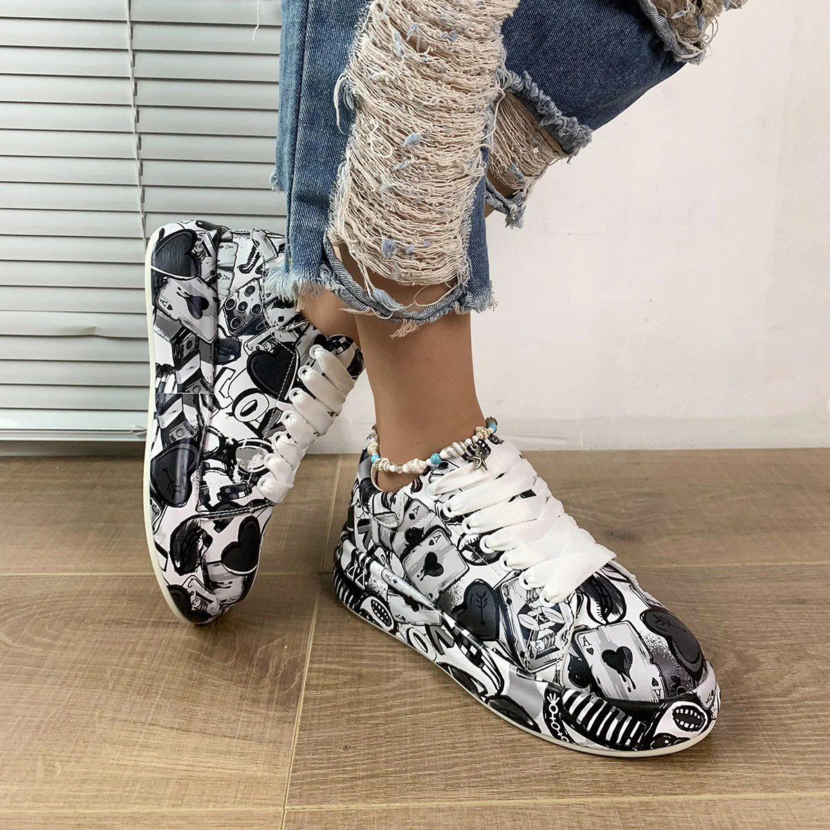 Halloween Cartoon Print Flats Fashion Graffiti Flats Shoes Platform Lace-up Round Toe Sports Shoes - Image 10