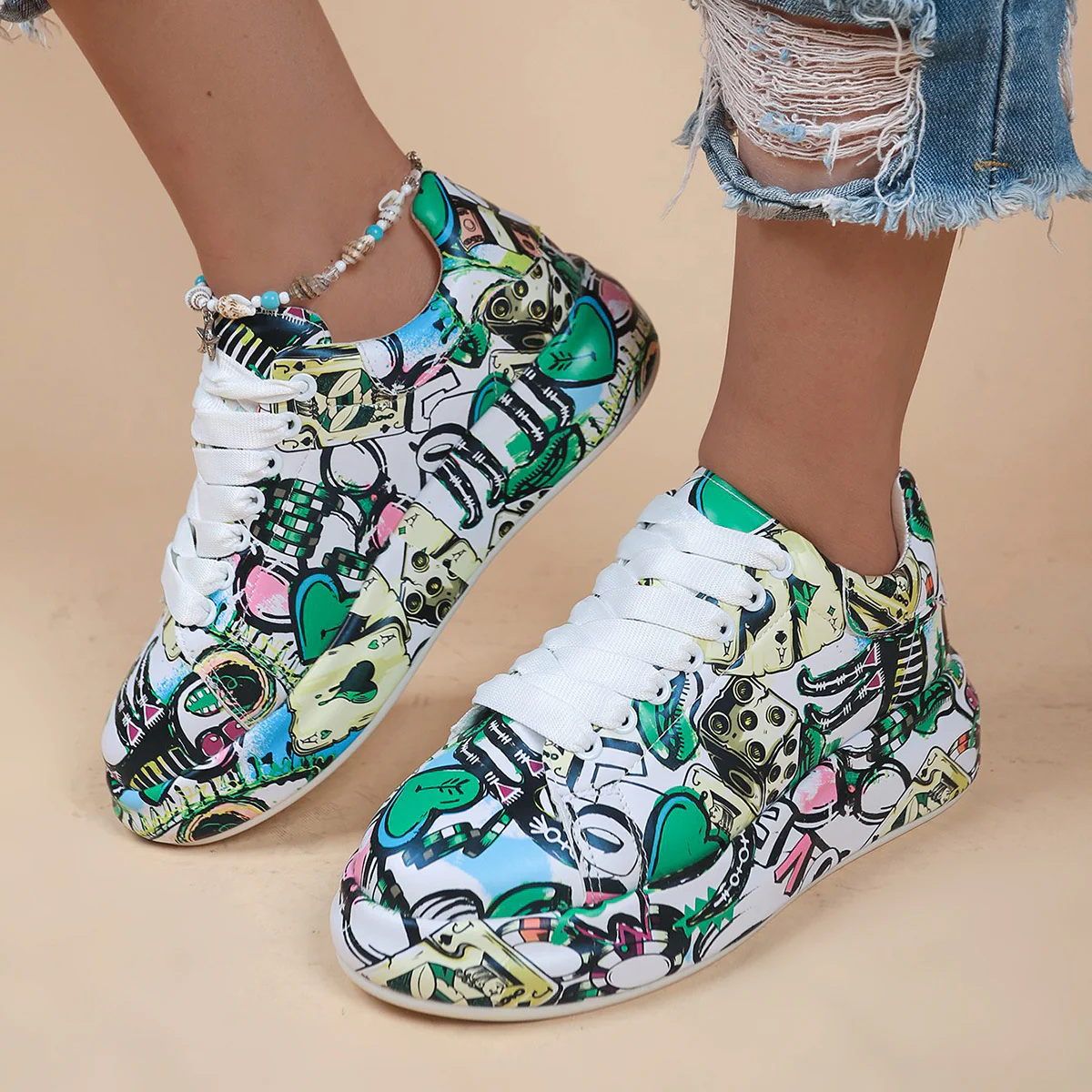 Halloween Cartoon Print Flats Fashion Graffiti Flats Shoes Platform Lace-up Round Toe Sports Shoes - Image 11