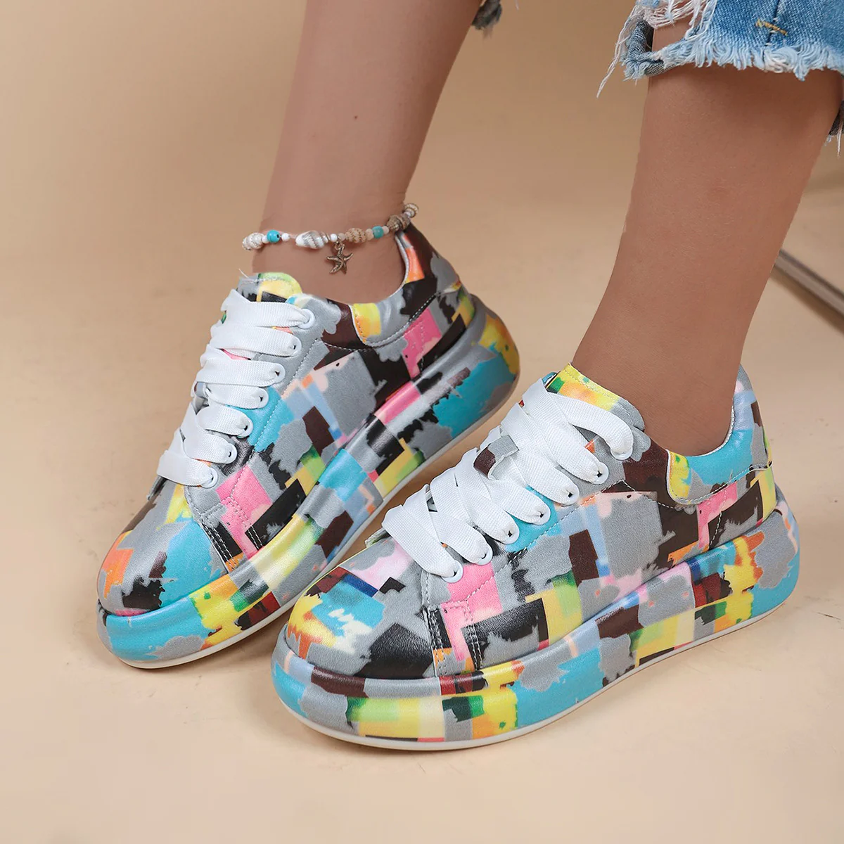 Halloween Cartoon Print Flats Fashion Graffiti Flats Shoes Platform Lace-up Round Toe Sports Shoes - Image 12
