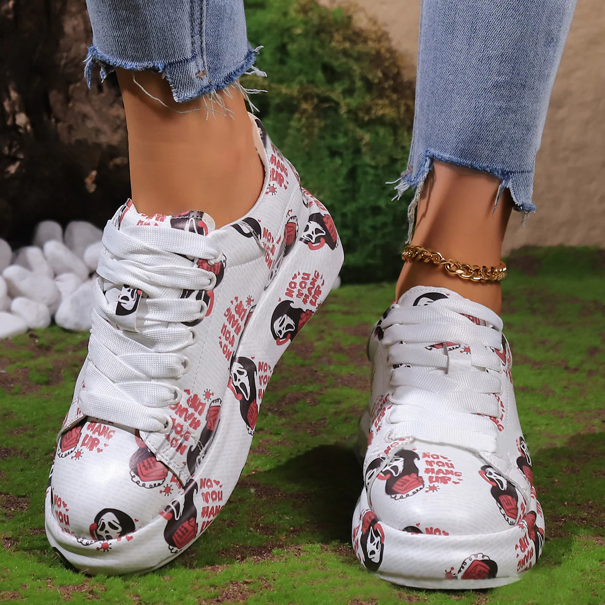Halloween Cartoon Print Flats Fashion Graffiti Flats Shoes Platform Lace-up Round Toe Sports Shoes - Image 4