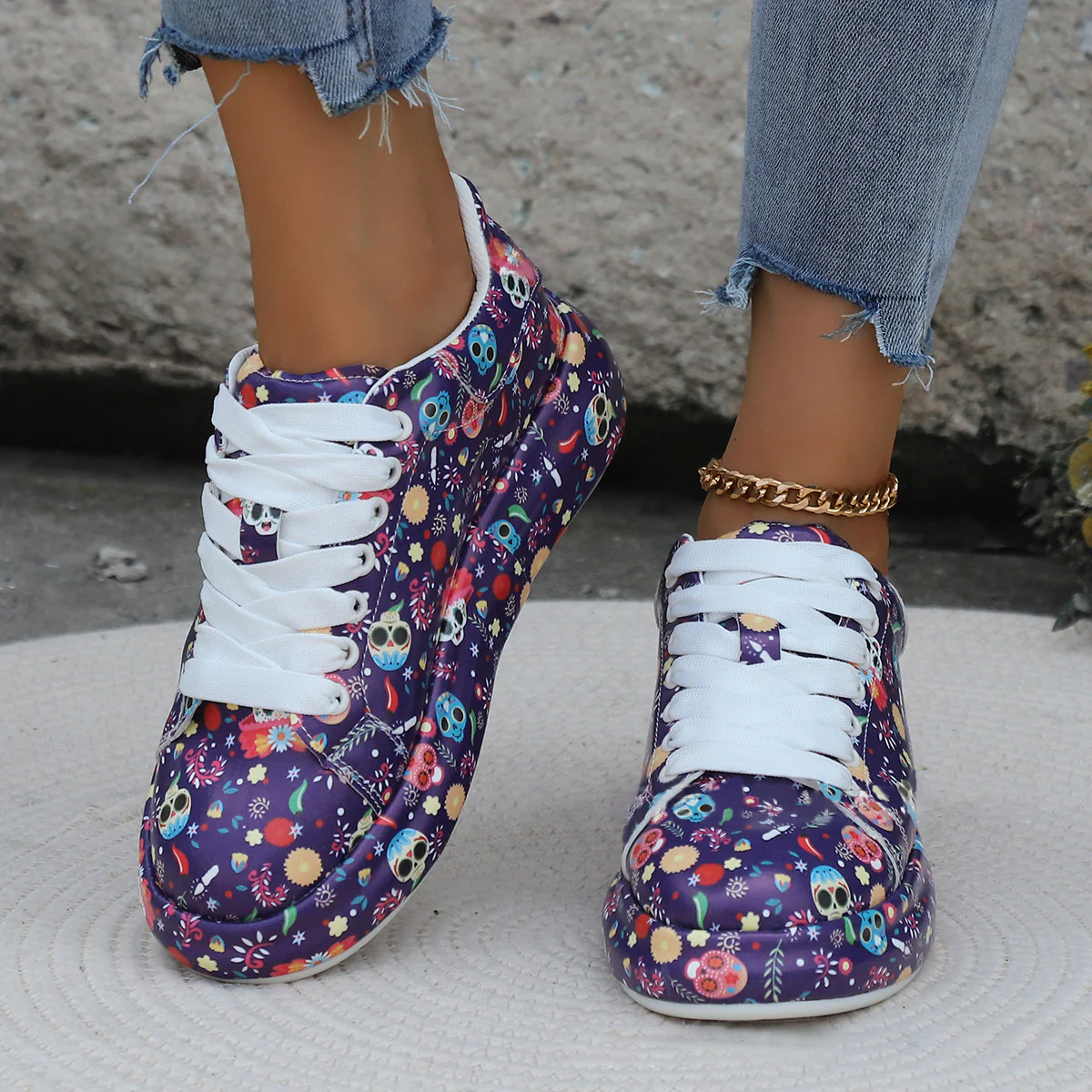 Halloween Cartoon Print Flats Fashion Graffiti Flats Shoes Platform Lace-up Round Toe Sports Shoes - Image 5