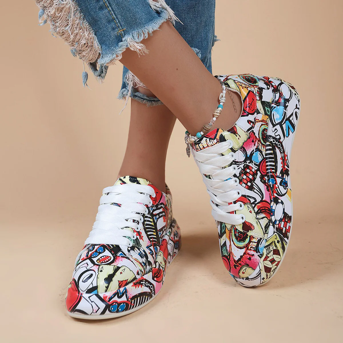 Halloween Cartoon Print Flats Fashion Graffiti Flats Shoes Platform Lace-up Round Toe Sports Shoes - Image 6