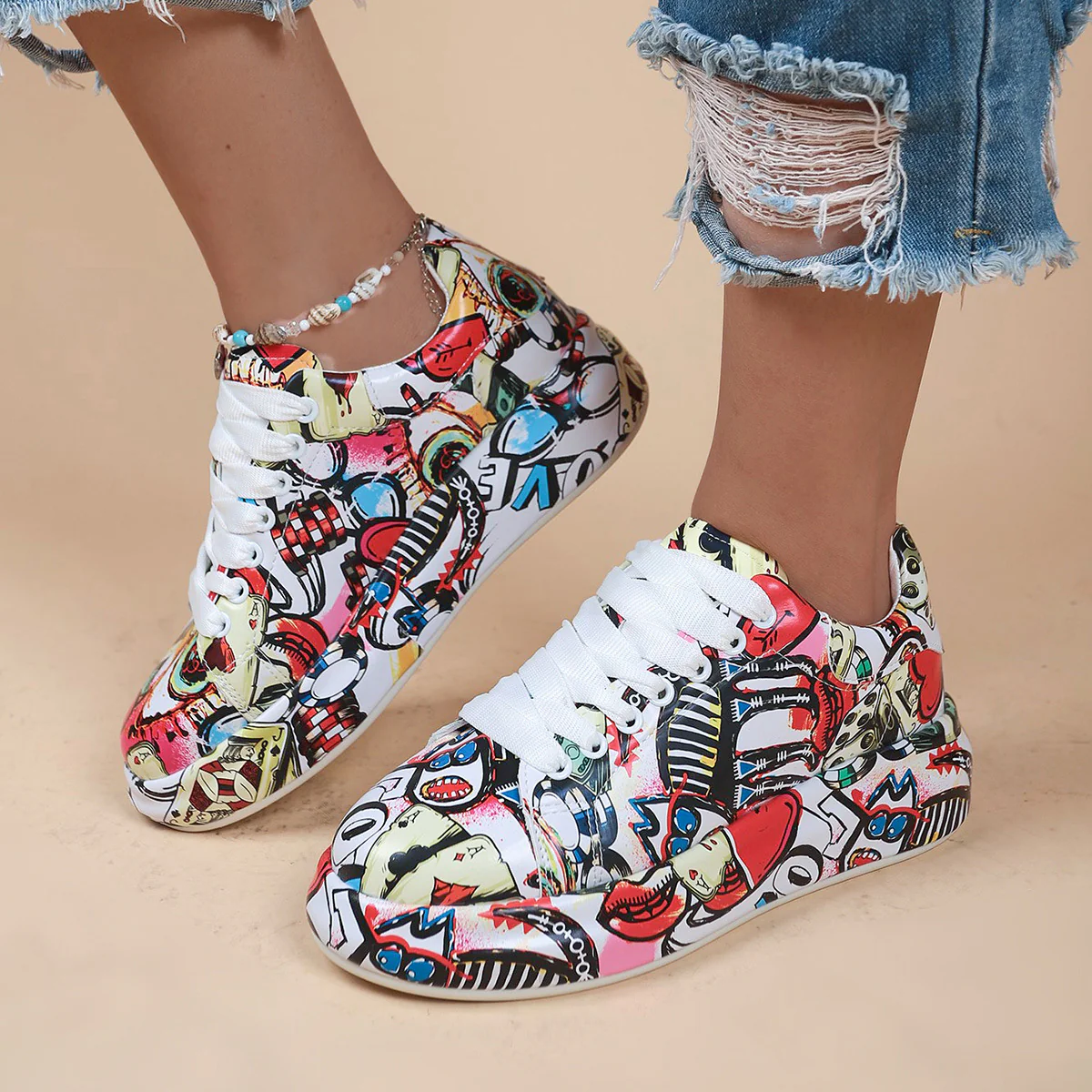 Halloween Cartoon Print Flats Fashion Graffiti Flats Shoes Platform Lace-up Round Toe Sports Shoes - Image 7