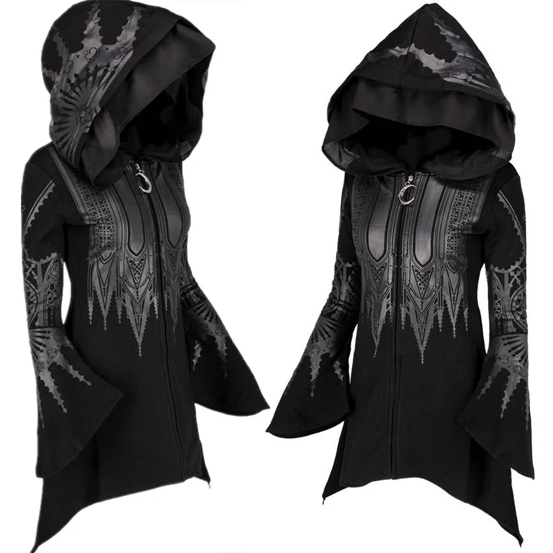 Halloween Cosplay Hoodie Women's Punk Black Long Hooded Printed Sweater - Image 2