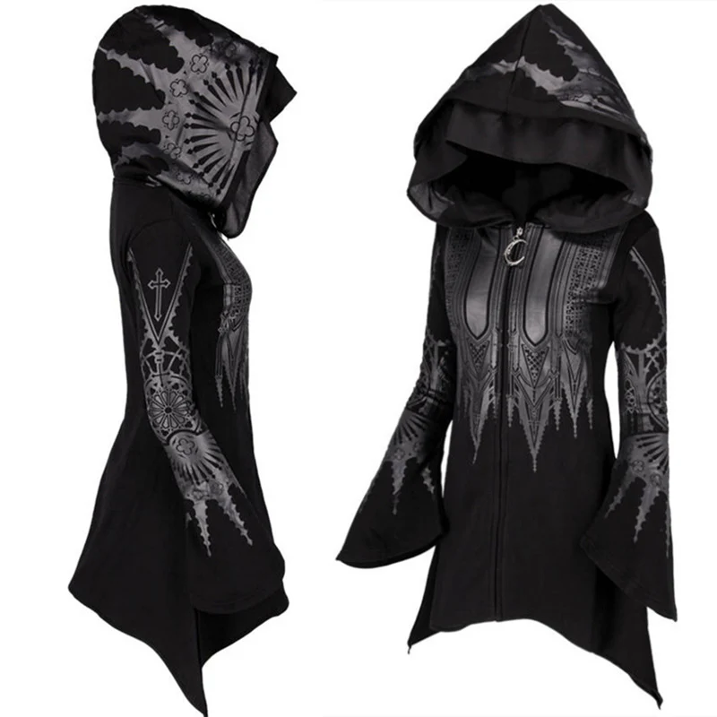 Halloween Cosplay Hoodie Women's Punk Black Long Hooded Printed Sweater - Image 3