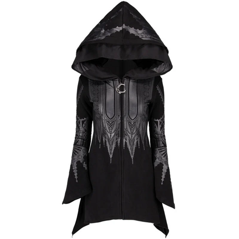 Halloween Cosplay Hoodie Women's Punk Black Long Hooded Printed Sweater - Image 7