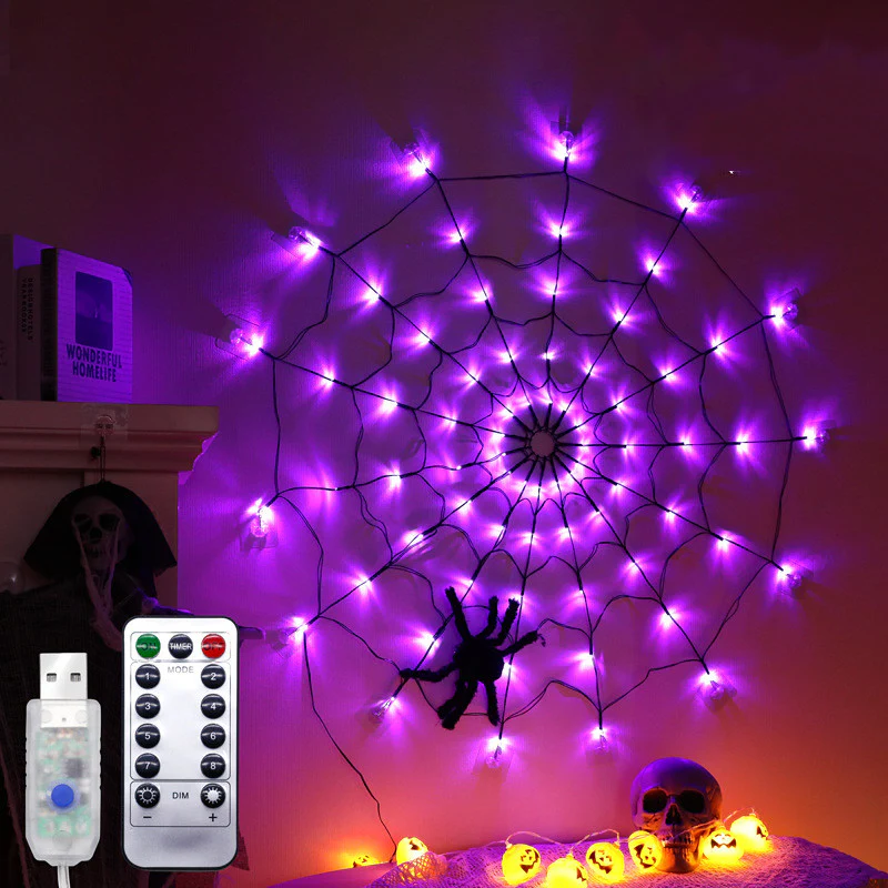 Halloween Led Spider Web String Light 5v Remote Control 8 Modes Net Mesh Decor Led Light - Image 7