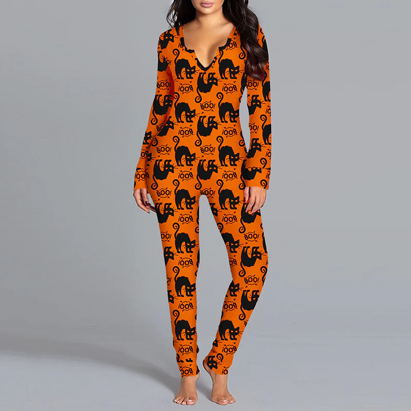 Halloween Printed Jumpsuit Long Sleeve Home Pajamas Casual Trousers Women's Cos Clothing - Image 11