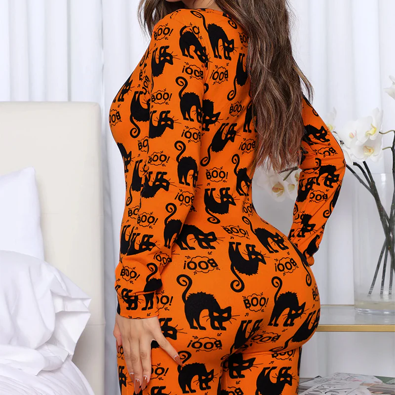 Halloween Printed Jumpsuit Long Sleeve Home Pajamas Casual Trousers Women's Cos Clothing - Image 3