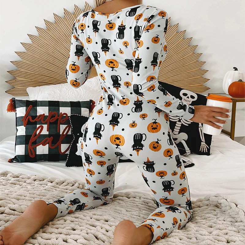 Halloween Printed Jumpsuit Long Sleeve Home Pajamas Casual Trousers Women's Cos Clothing - Image 5
