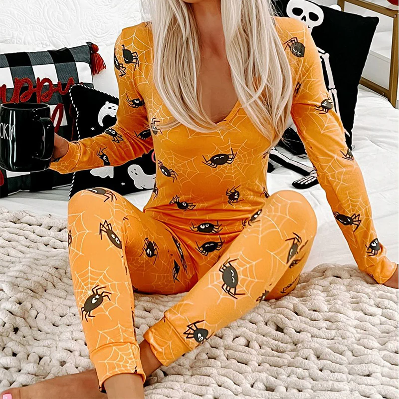 Halloween Printed Jumpsuit Long Sleeve Home Pajamas Casual Trousers Women's Cos Clothing - Image 6