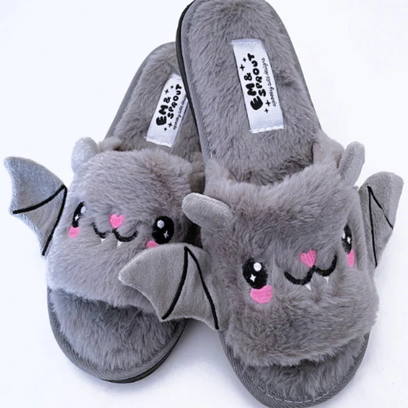Halloween Shoes Cute Bat Slippers With Wings Winter Warm Home Slippers Women Men - Image 3