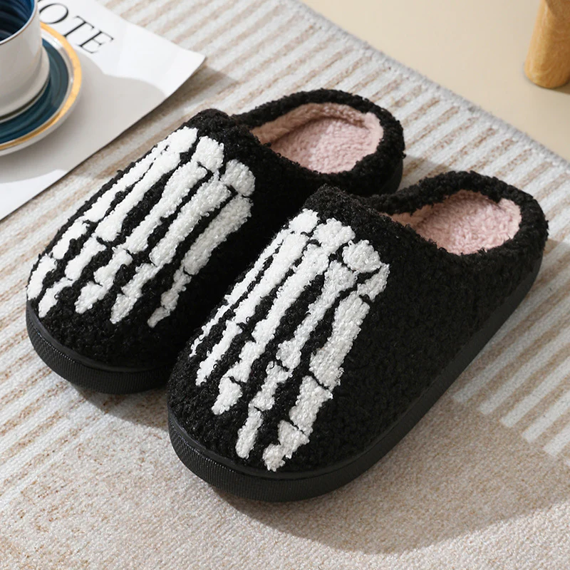 Halloween Skull Cartoon Print Slippers Warm Winter Slippers For Men Women Couple Home Shoes Indoor Cotton Slippers - Image 2