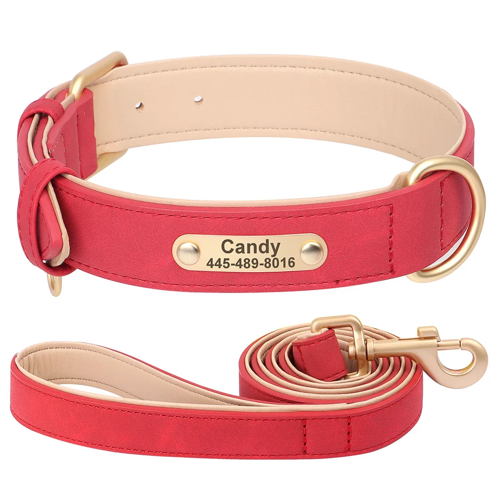 Personalised PU Leather Dog Collar and Leash Set with Custom ID Nameplate - Image 14