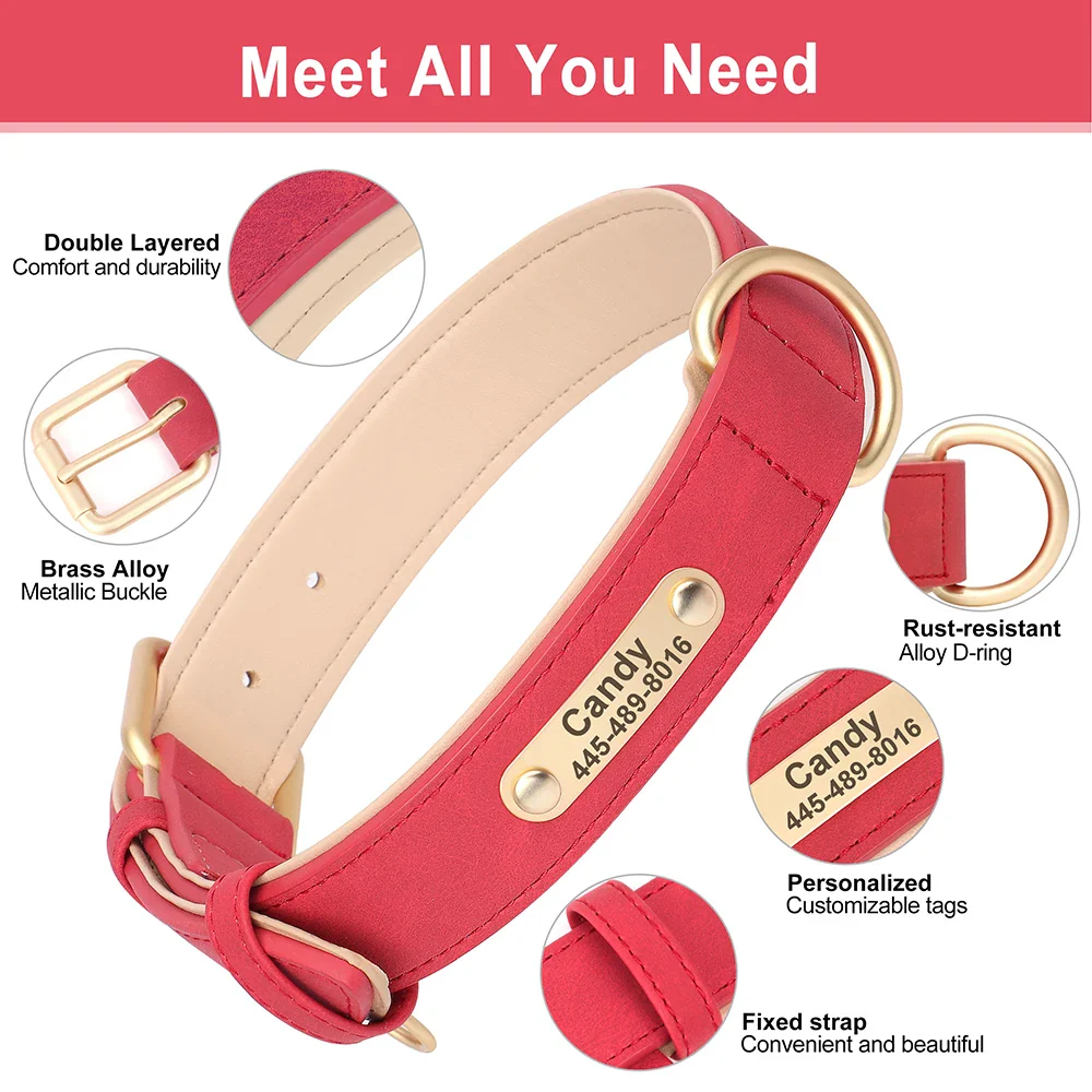 Personalised PU Leather Dog Collar and Leash Set with Custom ID Nameplate - Image 3