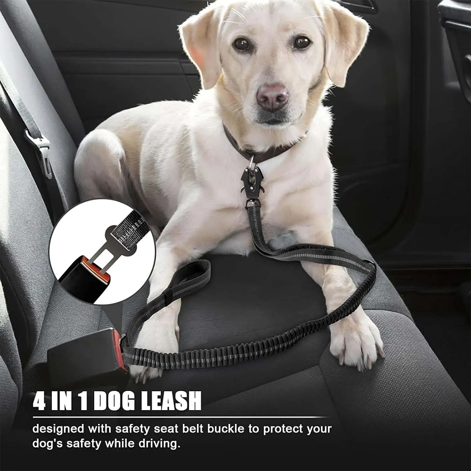 Reflective Shock Absorbing Pet Leash with Car Seatbelt for Large Dogs - Image 3
