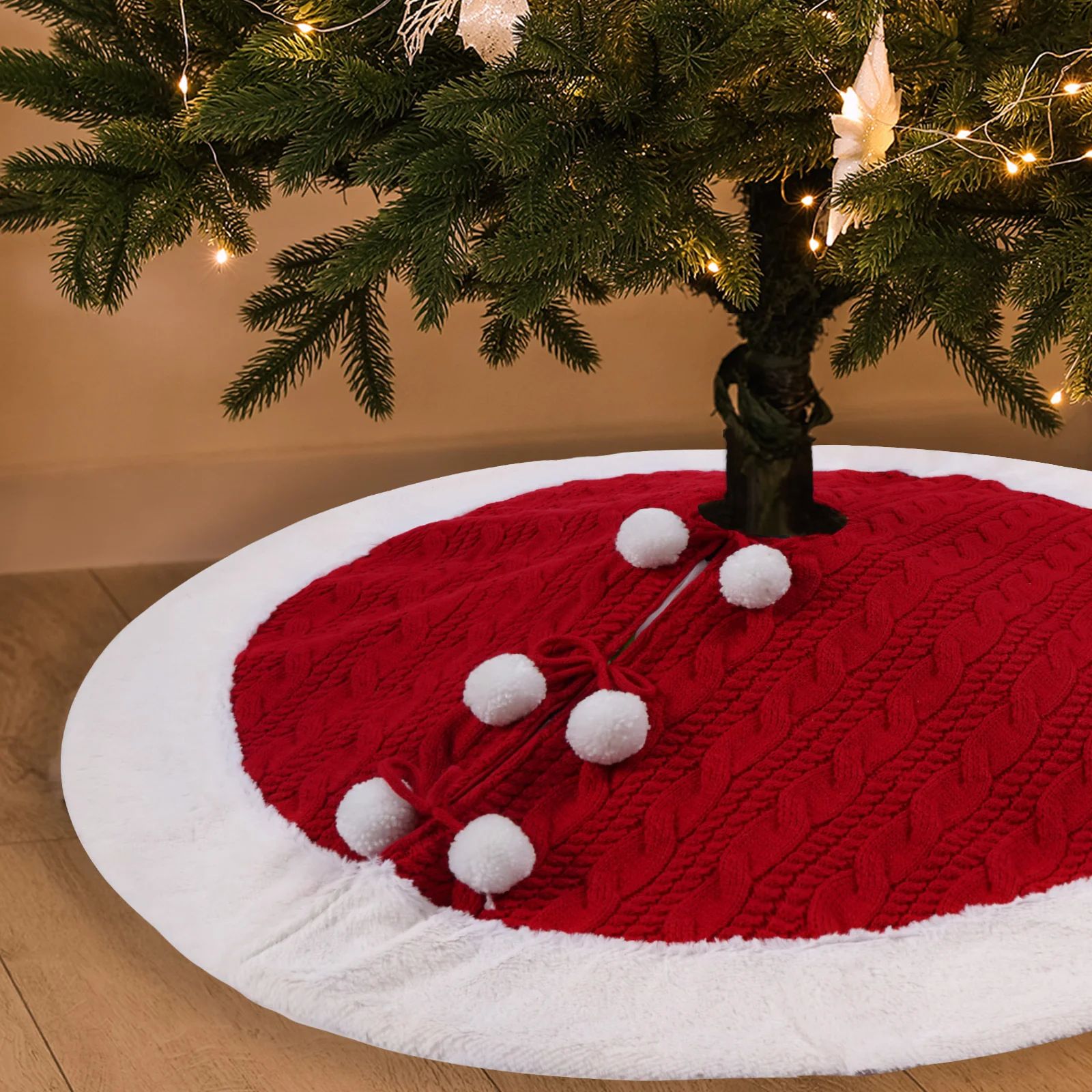 White Pompon Knitted Christmas Tree Skirt  Bottom Apron Shawl - Image 6